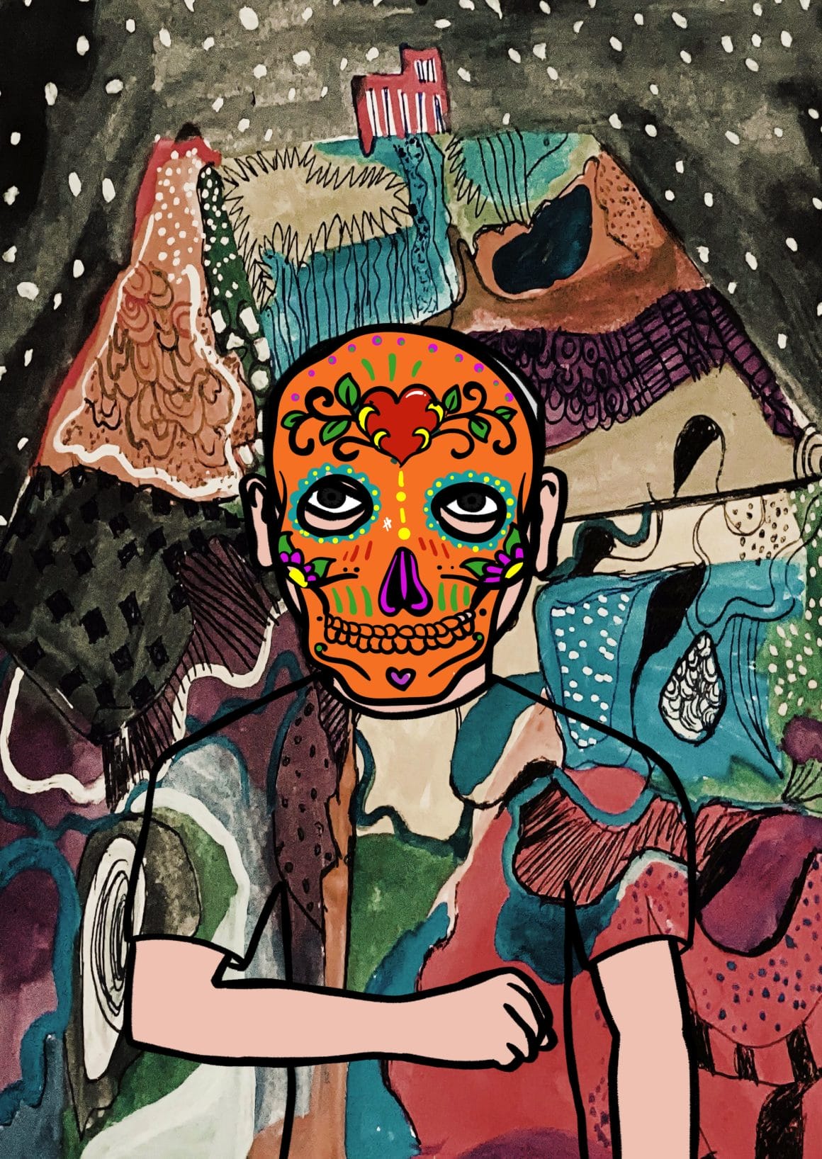Fond très coloré avec des motifs abstraits. Le tee shirt du personnage reprend ces motifs. Masque qui ressemble beaucoup aux masques traditionnels mexicains de la fête des morts.