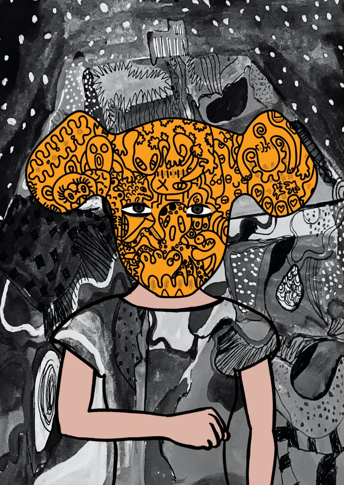 Le fond est rempli de motifs abstraits en noir et blanc, comme le tee shirt du personnage. Il porte un masque orange qui a de grandes oreilles.