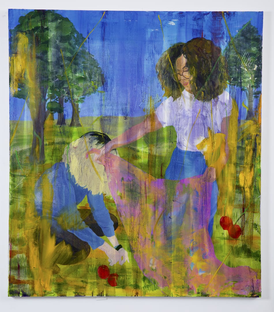 Ciel bleu sur un parc, dans lequel deux jeunes femmes s'installent pour un pique-nique. Même effet de peinture, avec des passages de pinceaux jaune presque transparent qui brouille la scène.