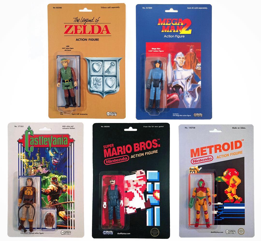 Death By Toys et ses Figurines Zelda (Link), Mega Man 2, Castlevania, Mario Bros et Metroid. Toutes inspirées de jeux éponymes Nintendo.