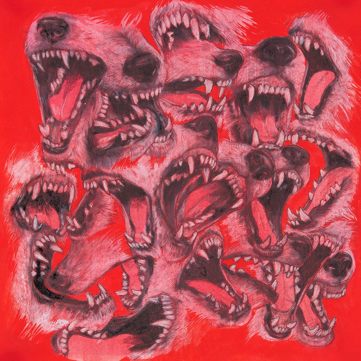 Sur fond rouge de nombreuses mâchoires de loup sont représentées, gueules ouvertes