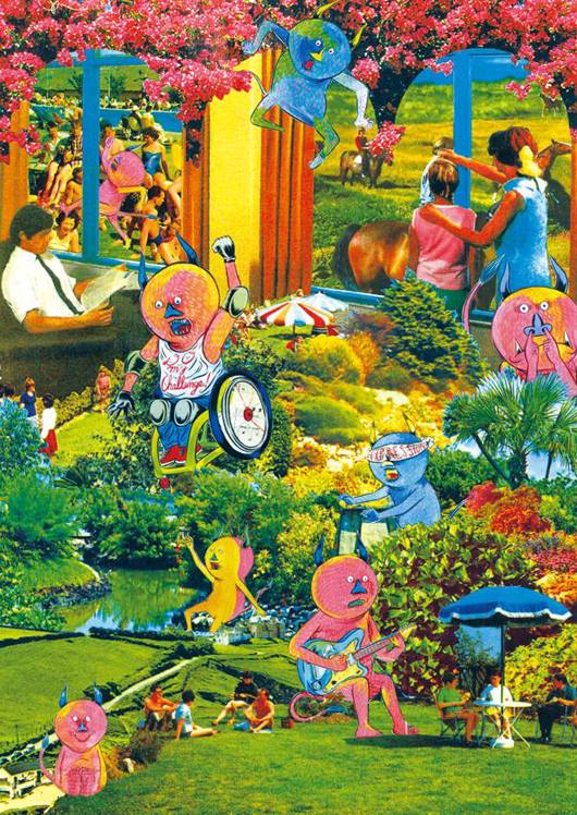 Collage et dessin, au milieu de paysage de campagne et de personnes en vacances, des petits personnages jaune, rose et bleu avec des oreilles pointues