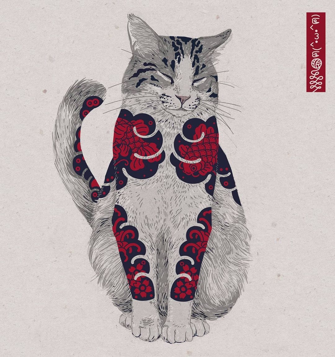 Illustration d'un chat qui a des tatouages bleu foncé et rouge