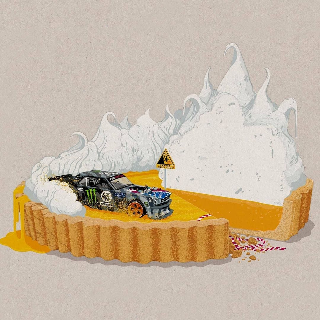 Illustration d'une tarte au citron meringuée sur laquelle roule une voiture de course