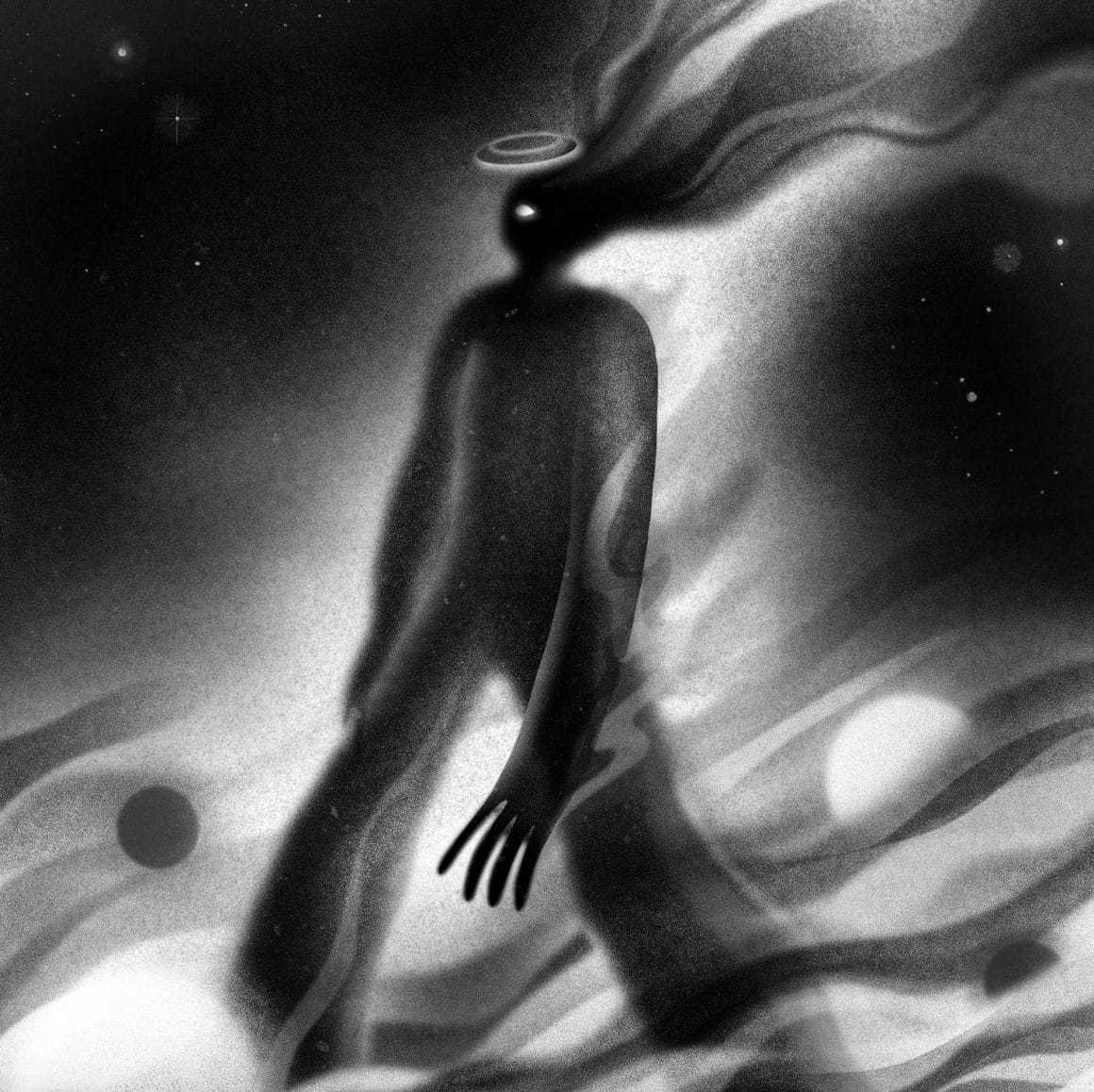 Ombre fumé d'un personnage dans l'espace en noir et blanc