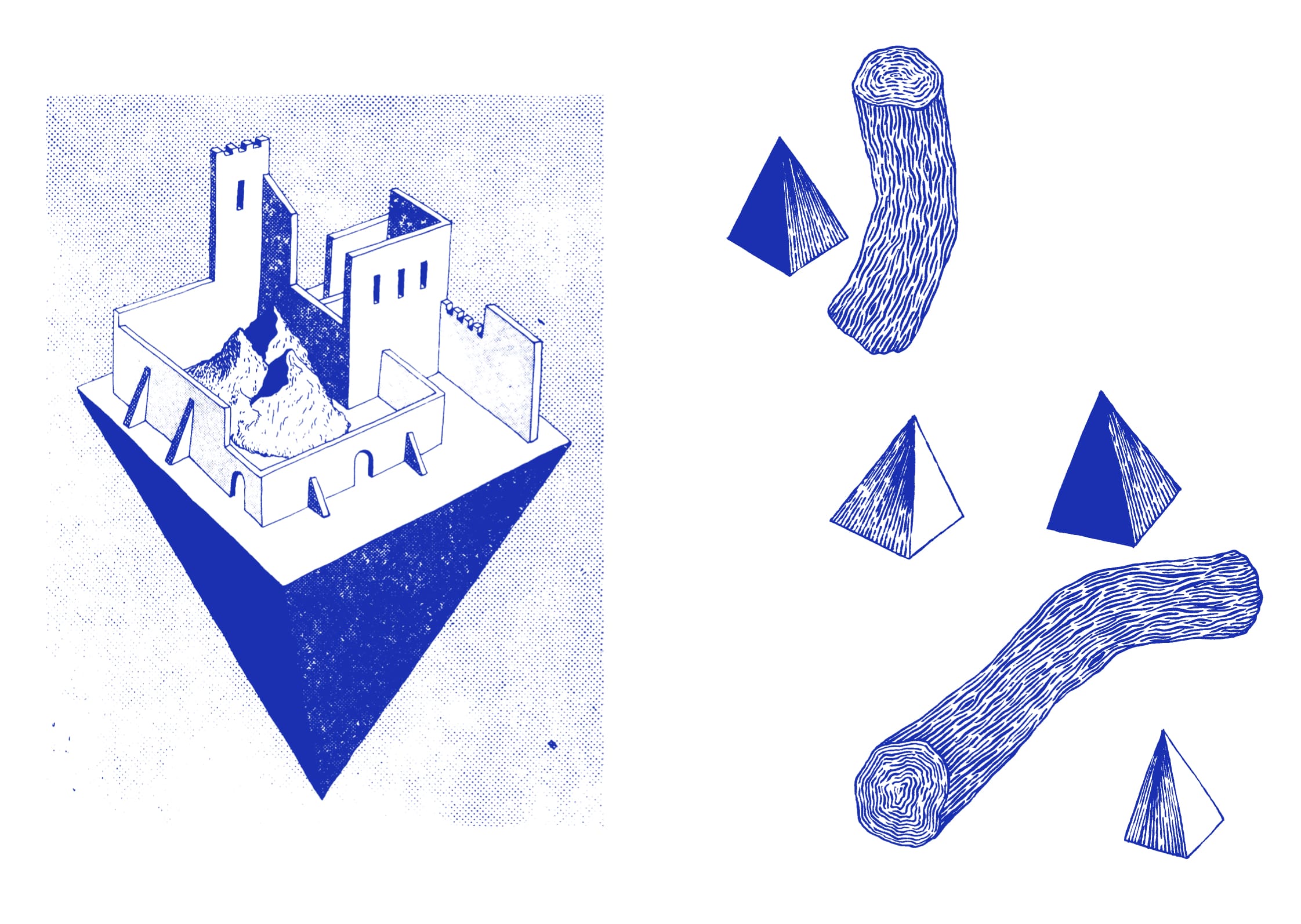 à gauche, les murs d'un château sur un cône, à droite des formes coniques et cylindrique en bleu