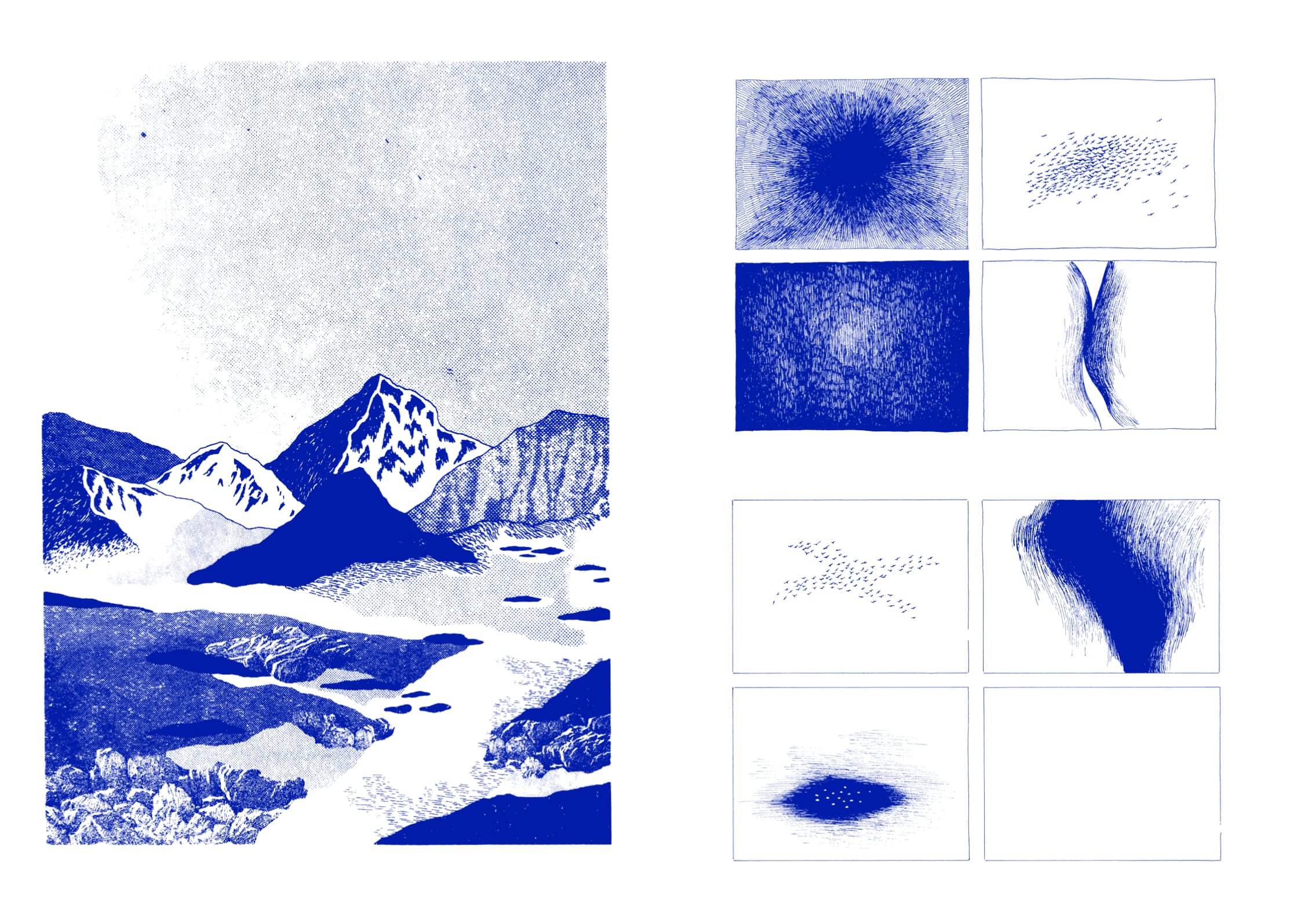 à gauche, un paysage tout en bleu, des montagnes. à droite, huit cadres avec des formes en bleu