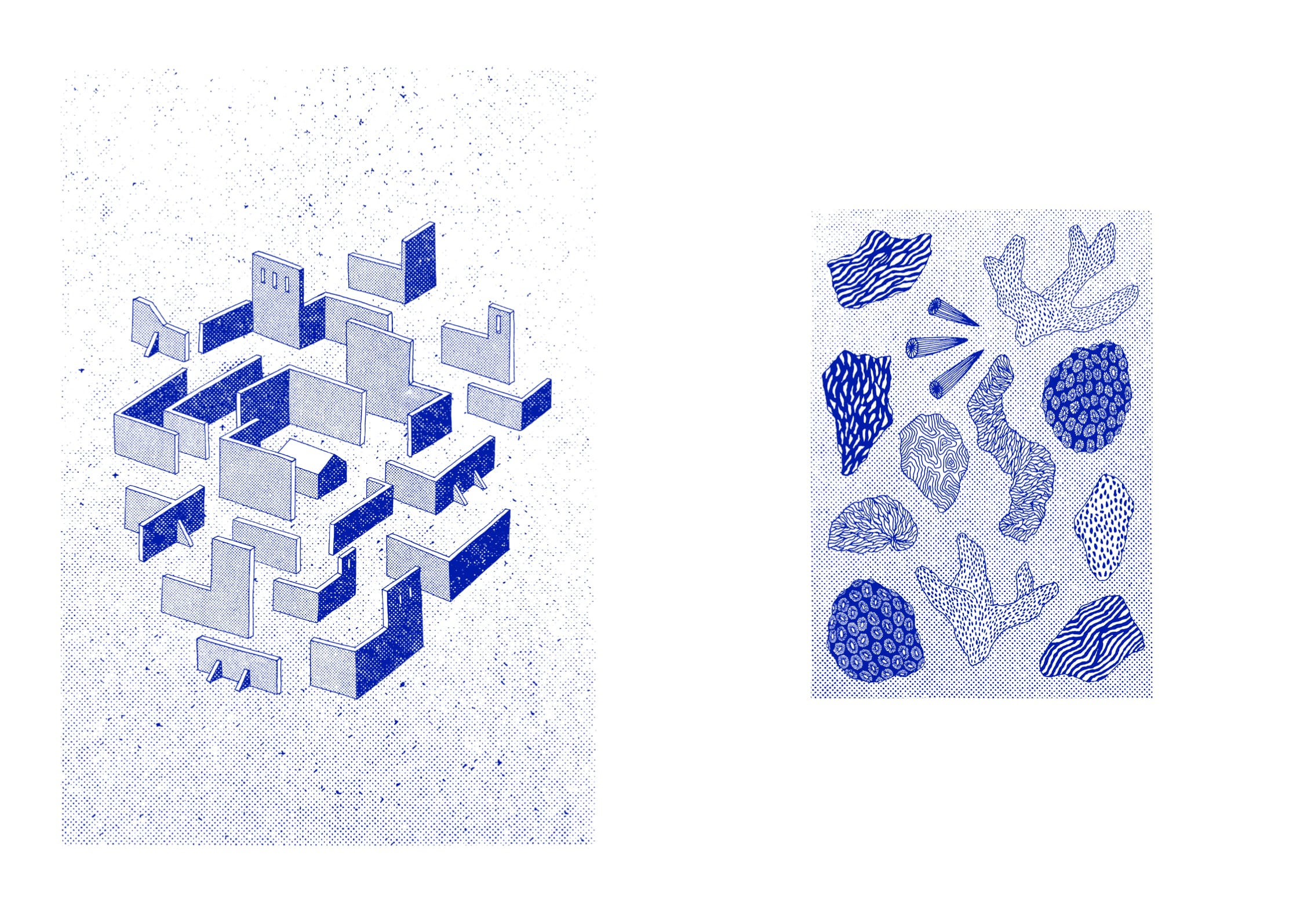 à gauche, des formes géométriques sui semblent être faites pour s'emboîter et former une maison. à droite, des formes plus organiques qui ressemblent à des coraux