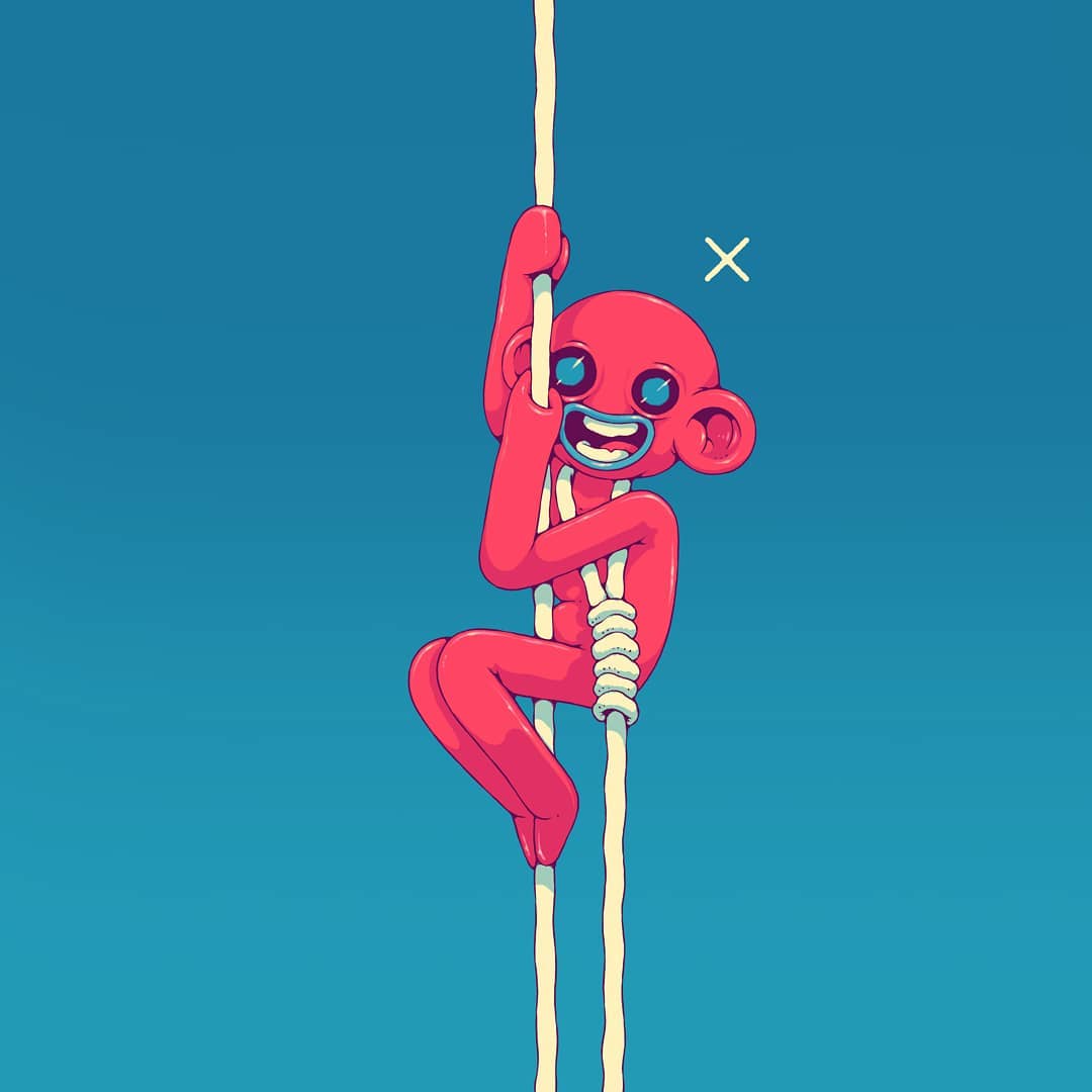 
Fond Bleu. Un personnage rose grimpe en riant à une corde qui tombe avant de remonter en noeud coulant autour de son cou. Le personnage humanoïde a de grandes oreilles et de grands yeux vitreux. L'ironie absurde entre son rire et le noeud de pendu crée un effet comique.