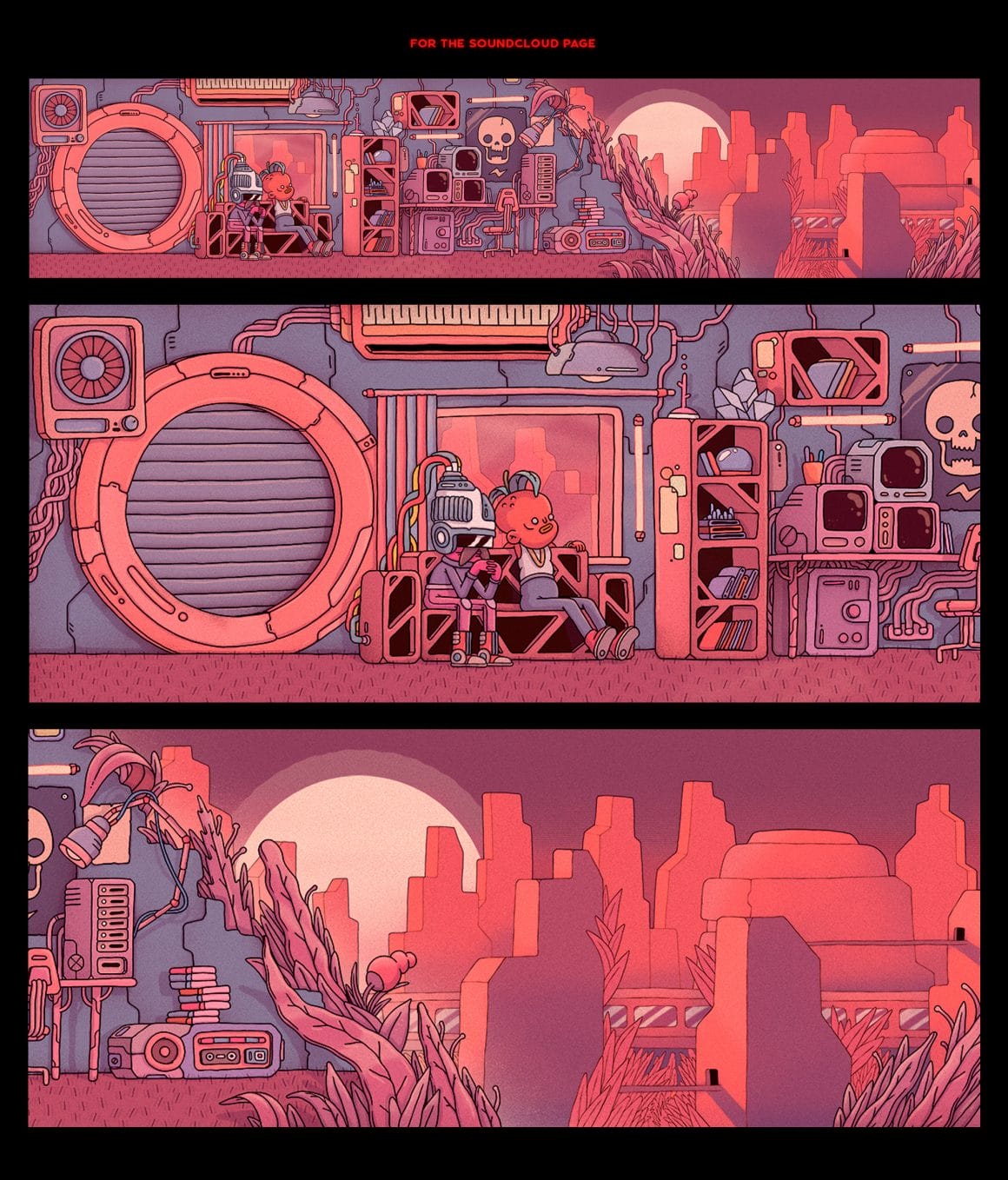 Trois bandes, une représentation d'un appartement avec deux personnages dans une vile de science-fiction en ruine. Un zoom sur les deux personnages, assis sur un canapé, un zoom sur la ville avec le soleil qui se couche.
