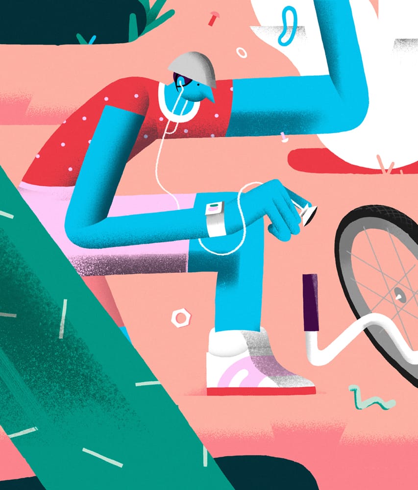 Oeuvre de l'illustrateur montrant un personnage mesurant les battements du coeur d'un vélo
