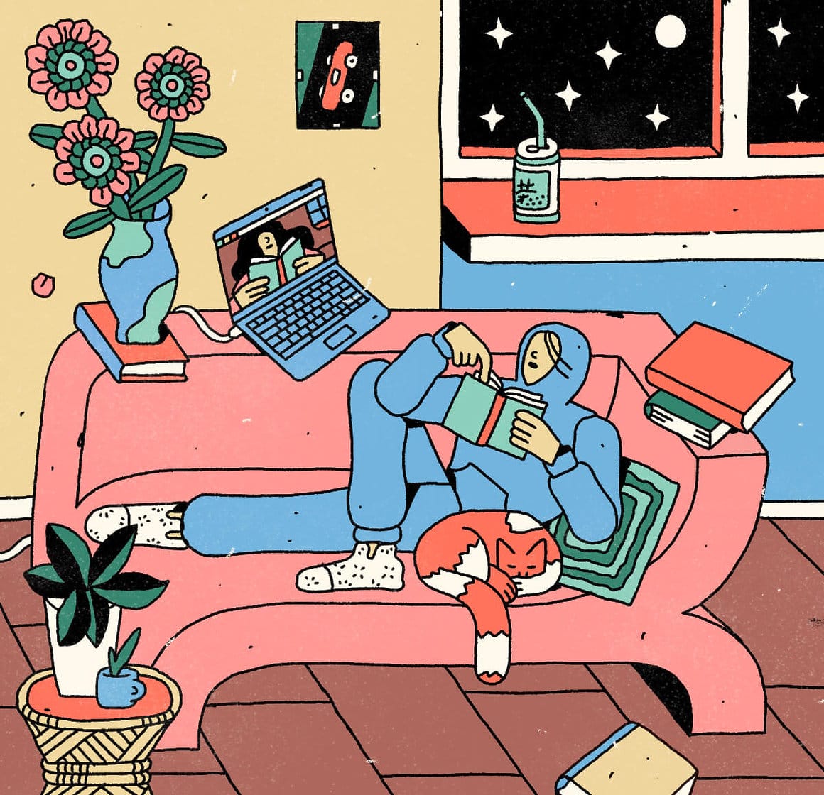 Dessin pop avec un personnage lisant et son chat sur un canapé.