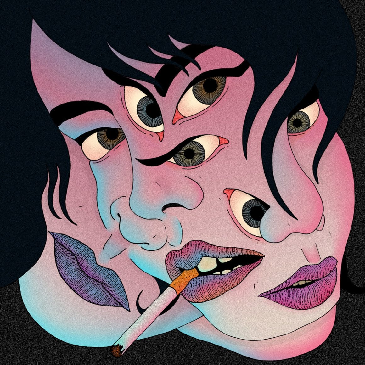 Pablo Gerardo Camacho illustre ici plusieurs visages de femmes fumant une cigarette