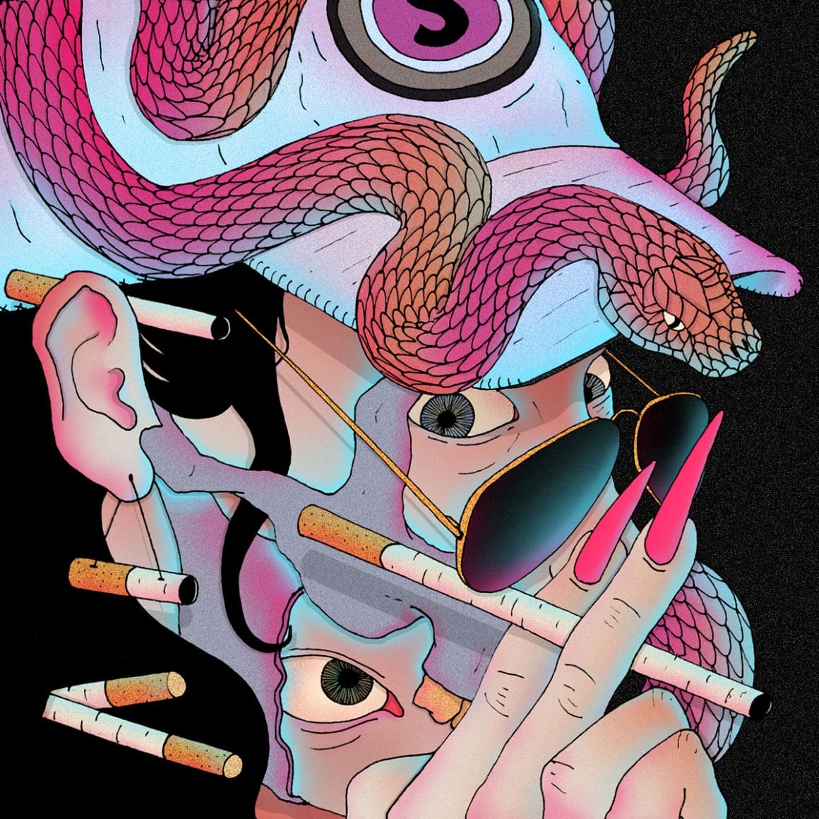 Illustration de l'artiste montrant une femme à longs ongles et à lunettes de soleil fumant une cigarette