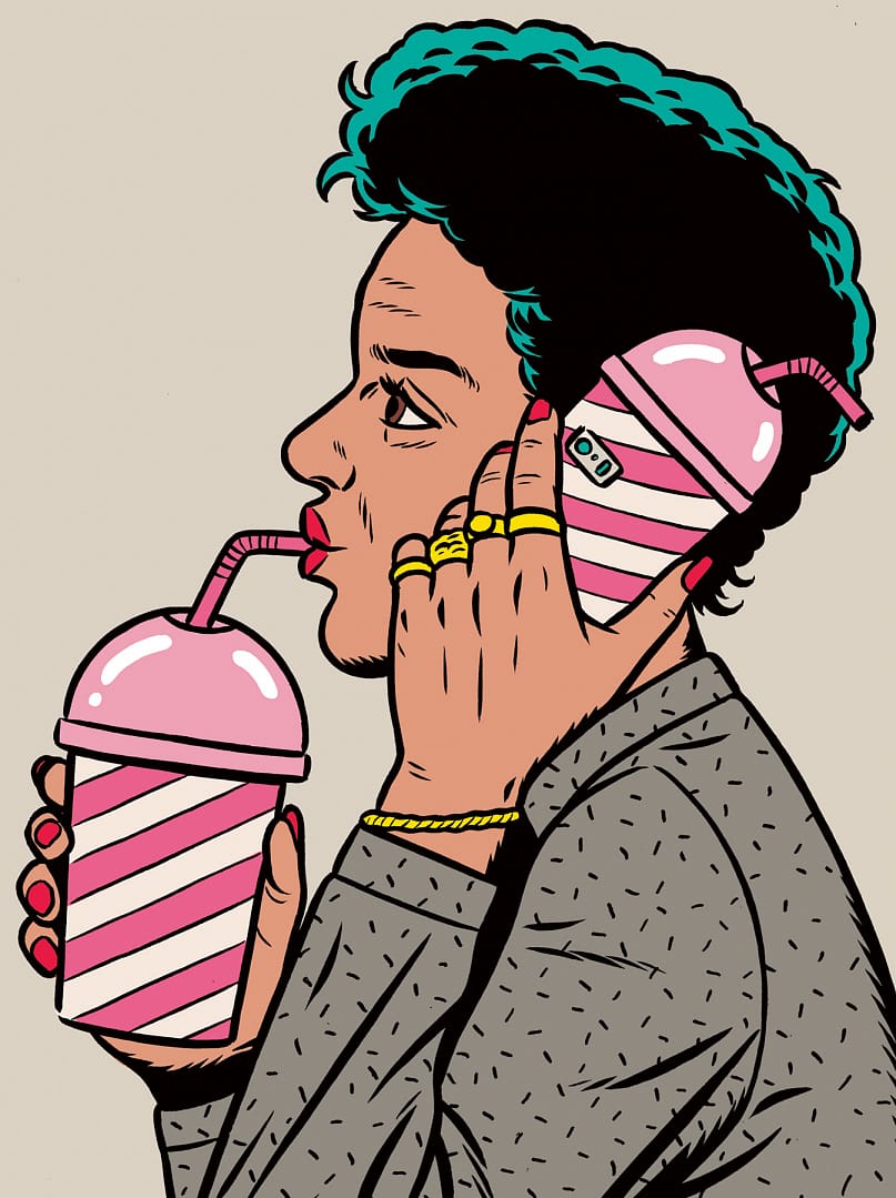 Illustration d'une femme tenant un gobelet identique à sa coque de téléphone.