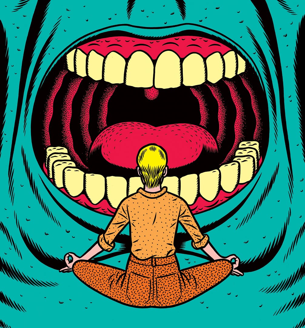 Illustration d'un homme méditant devant une bouche de monstre.