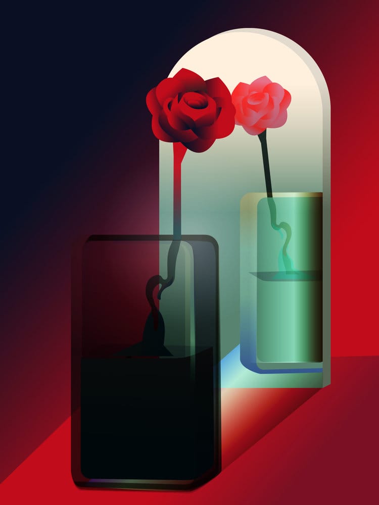 Illustration d'une rose face à un miroir. 
