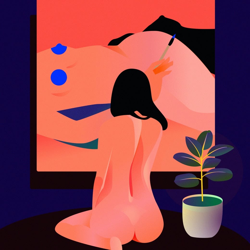 Illustration d'une femme nue peignant une femme nue. 
