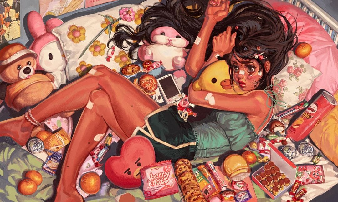 Illustration type manga d'une jeune fille allongée sur son lit.