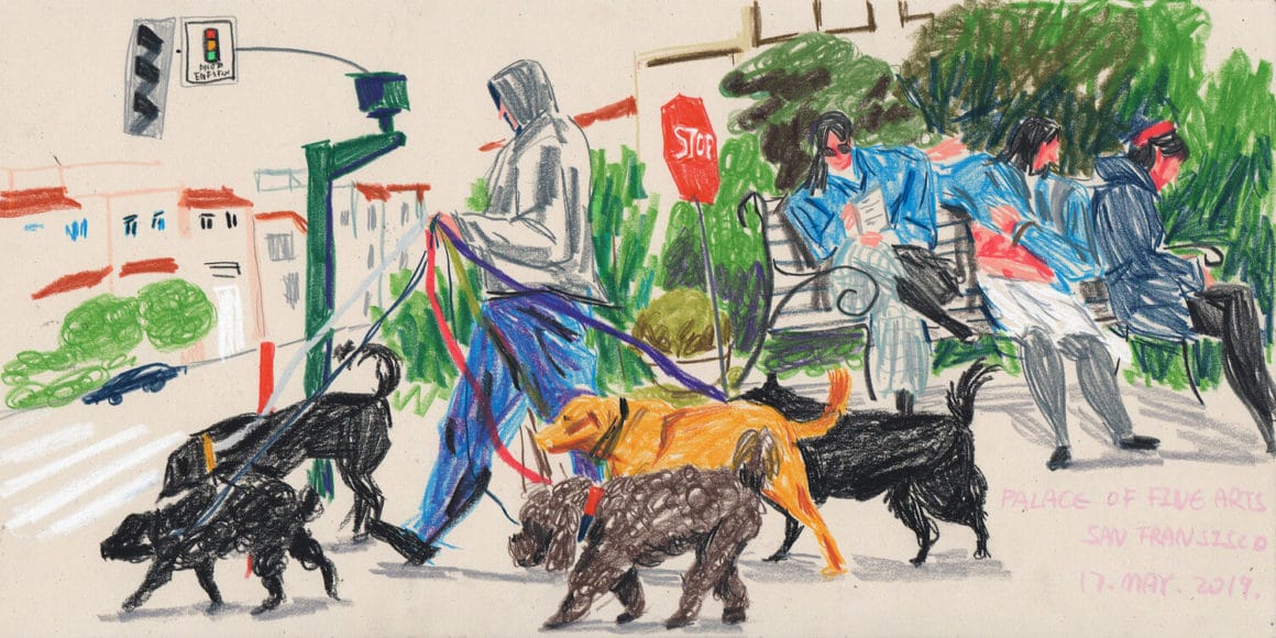 Illustration d'un homme avec des chiens.