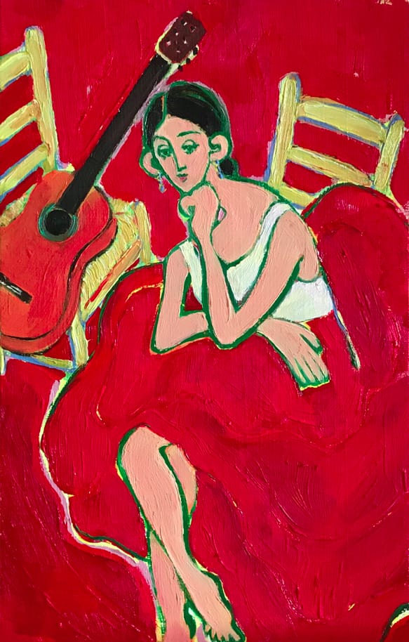 Peinture Miriam Dema femme habillée en rouge avec une guitare