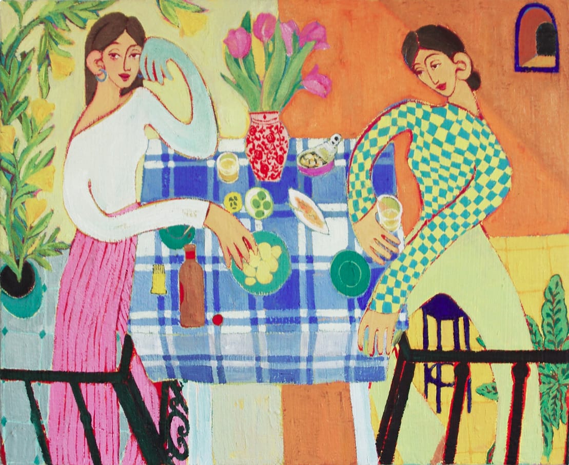 Peinture Miriam Dema deux femmes qui prennent l'apéro
