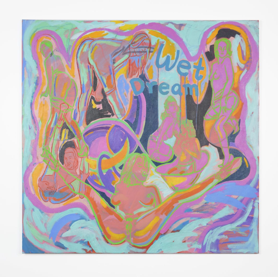 peinture érotique très colorées, femmes nues se masturbant, texte Wet Dream