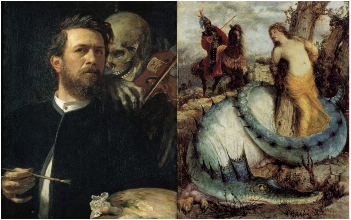 autoportrait à la mort violoncelliste et angelika gardée par un dragon, tableaux de l'artiste arnold bocklin.
le premier est l'artiste avec un squelette derrière lui, le deuxième est une jeune femme capturée par un dragon