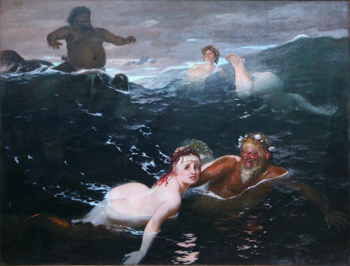 ce tableau d'arnold bocklin montre des femmes jouer dans les vagues qui se font embeter par des tritons, l'une d'elles semble inquiète