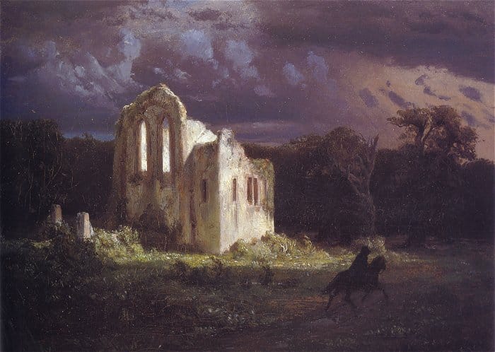 arnold bocklin peint des ruines de chateau dans une nuit ou l'on discerne un cavalier