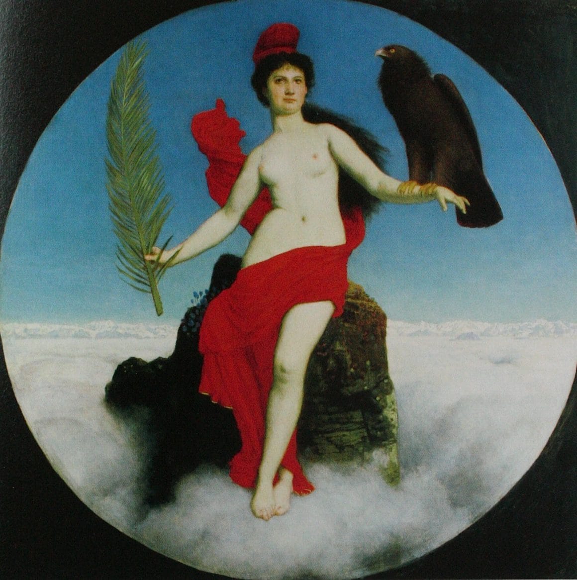 tableau de l'artiste qui présente une femme vêtue d'un bonnet phrygien qui tient une branche dans une main et un aigle sur l'autre, assise sur un rocher au milieu des nuages