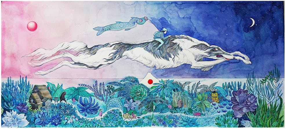 aquarelle sur papier représentant un chien volant au dessus d'un paysage tropical