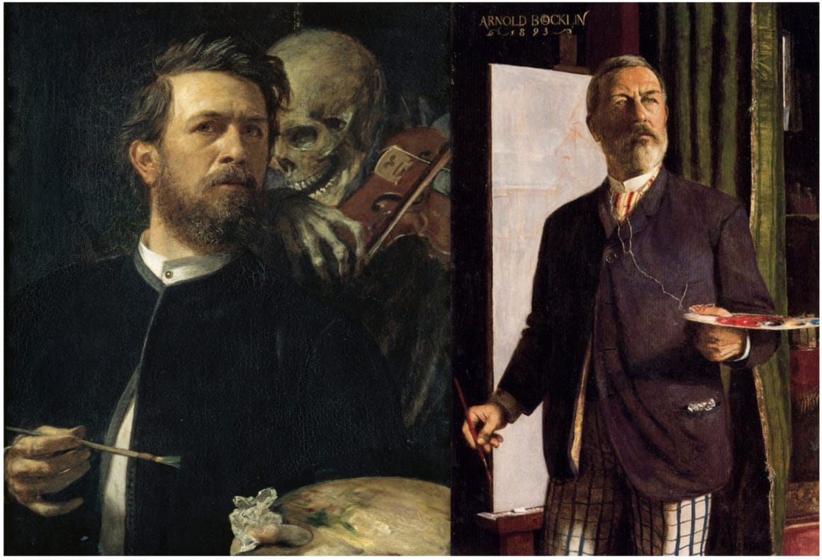 deux autoportraits du peintre symbolique, l'un vu précédemment avec la mort violoncelliste, et l'autre dans son studio