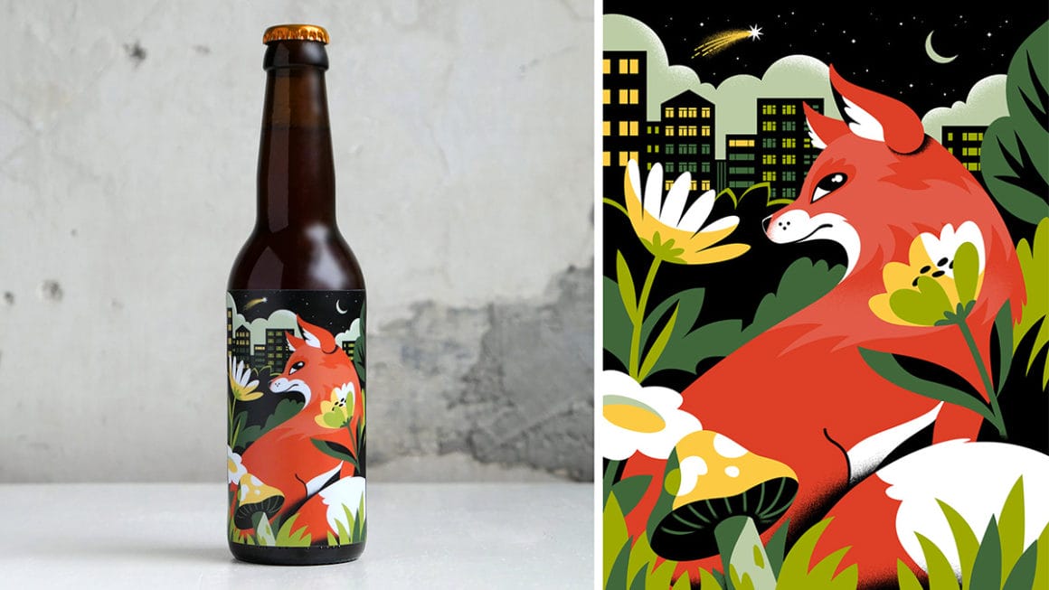 design d'une étiquette de bière pour drip for drip, illustrée d'un renard dans un champ avec des immeubles au loin