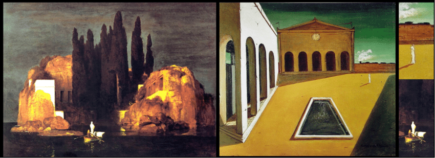 comparatif du tableau l'île des morts avec les délices du poète, tableau de Giorgio de Chirico, qui présente l'intérieur de l'île d'une couleur jaune, avec le même personnage en linceul blanc