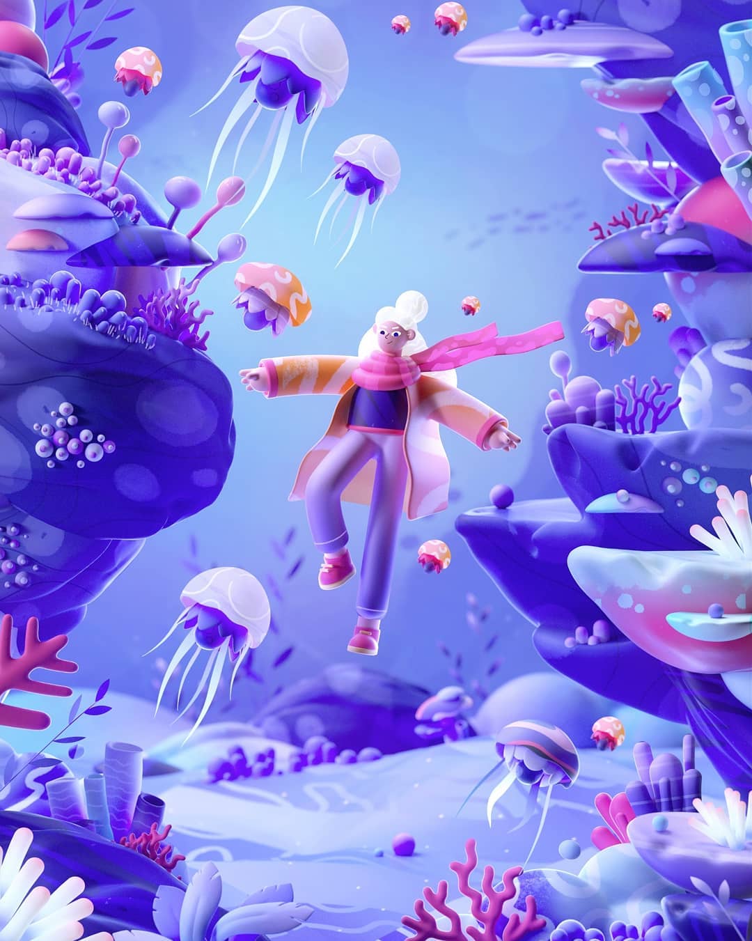 oeuvre 3D de l'artiste mattey qui représente une femme sous l'eau évoluant avec des méduses et du corail