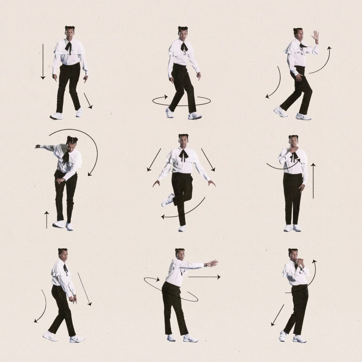 stromae dans son illustration pour le single santé présente 9 versions de lui faisant des mouvements de danse devant un fond uni jaune pâle.