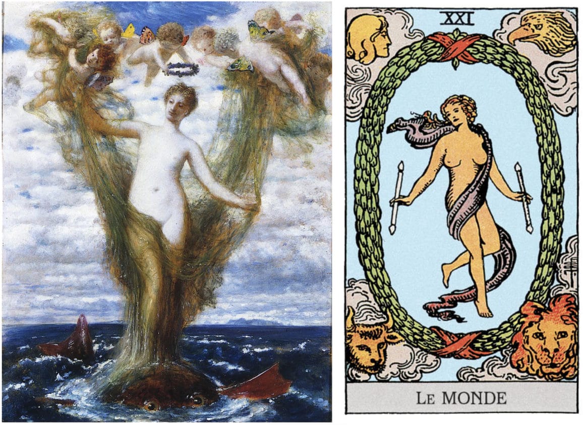 à gauche, une venus au milieu de la mer, entourée d'anges et vêtue d'un voile 
à droite, la carte de tarot le monde, ou une femme vêtue d'un voile est également entourée d'ange