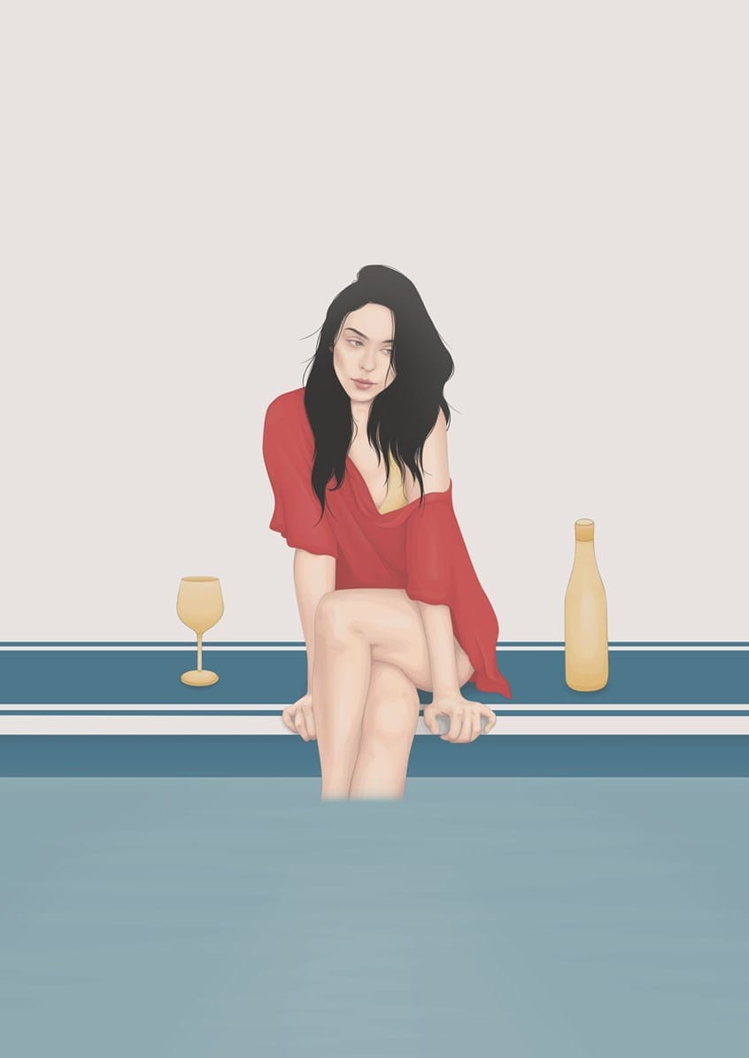 illustration d'une femme au bord d'une piscine entourée d'un verre de vin et d'une bouteille, les cheveux bruns détachés