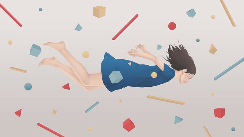 illustration vectorielle d'une femme qui semble tomber dans le vide, entourée de diverses formes géométriques en 3d