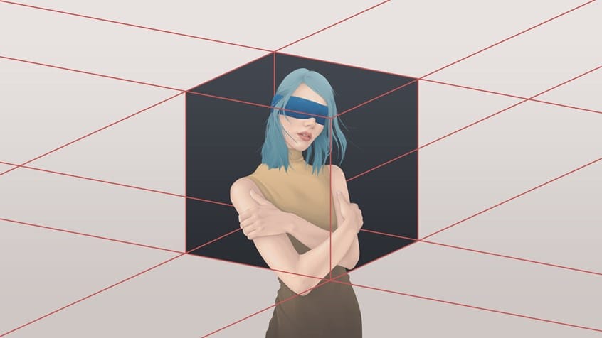 Illustration d'une femme au centre d'un cube de liens rouges, les yeux bandés