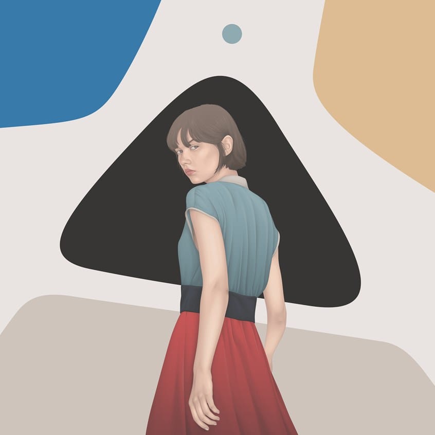 illustration vectorielle d'une femme de dos regardant vers le spectateur, formes géométriques en fond