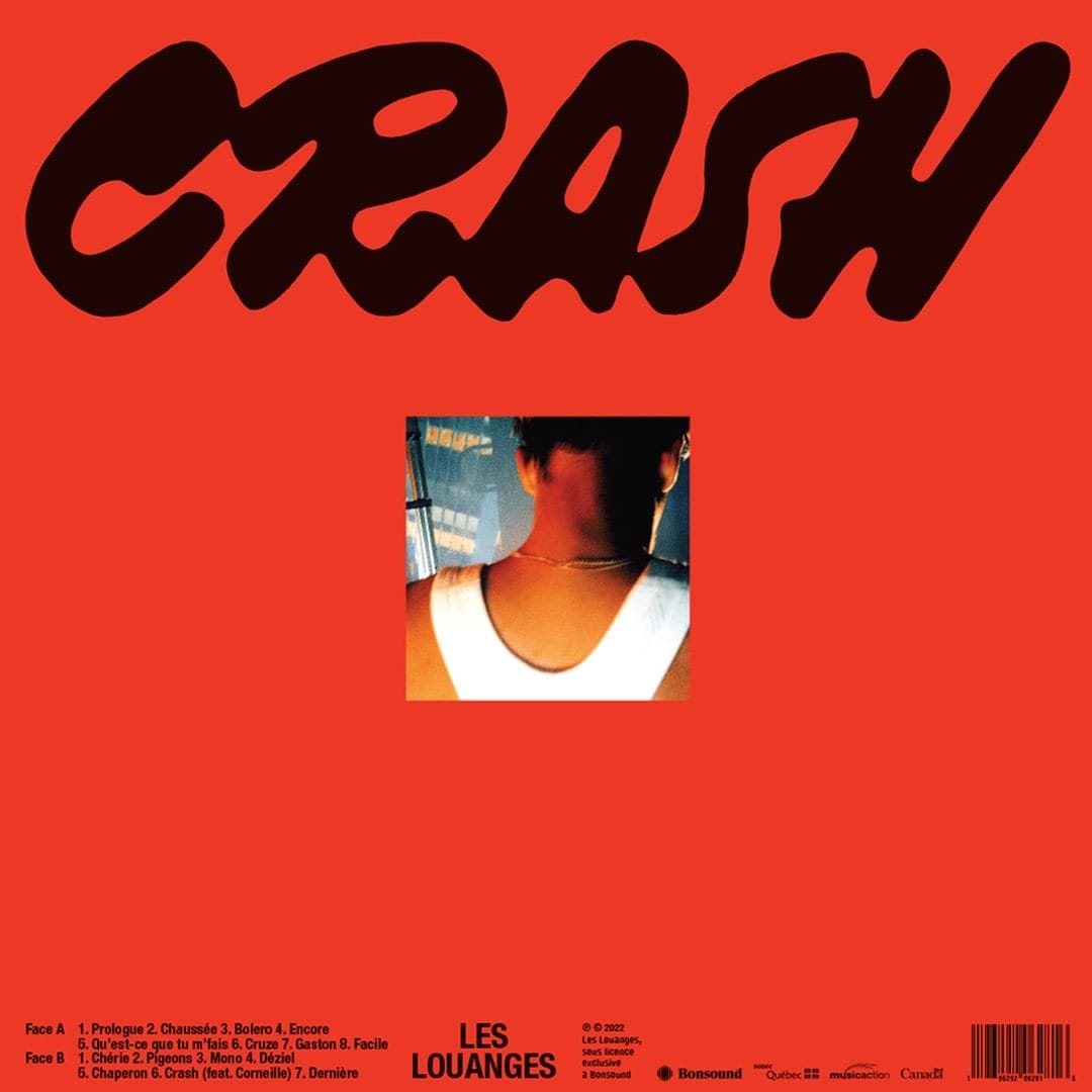 Cover du vinyle de "Crash", denier album des Louanges. Fond rouge, photo du dos du chanteur.