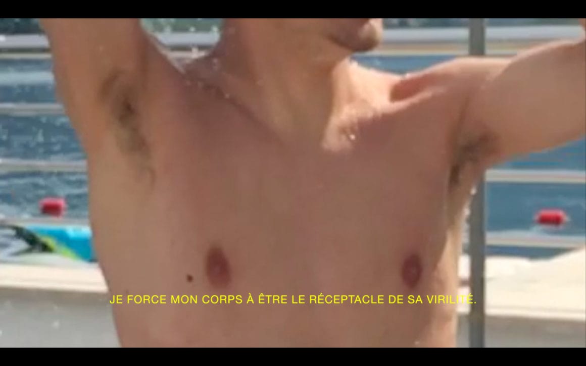 Quentin Fromont screen shot de vidéo, torse d'homme et texte