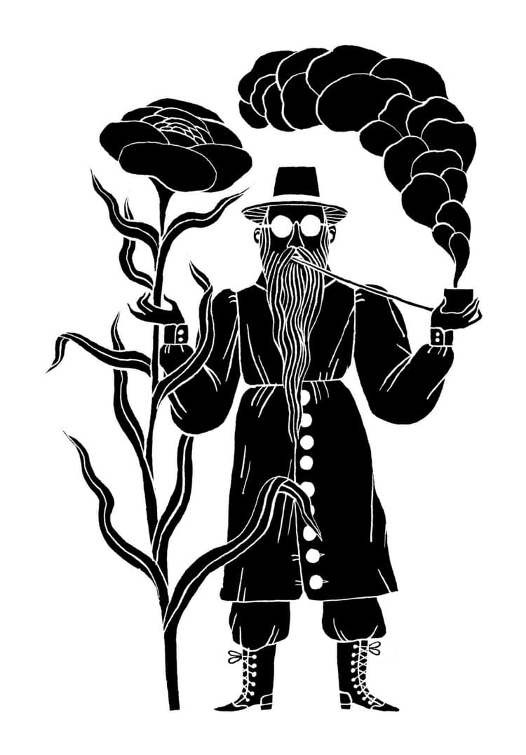 Un homme barbu, avec un chapeau et des lunettes tient dans sa main droite une grande fleur et dans sa main gauche une pipe. Dessin par Carson Ellis. 