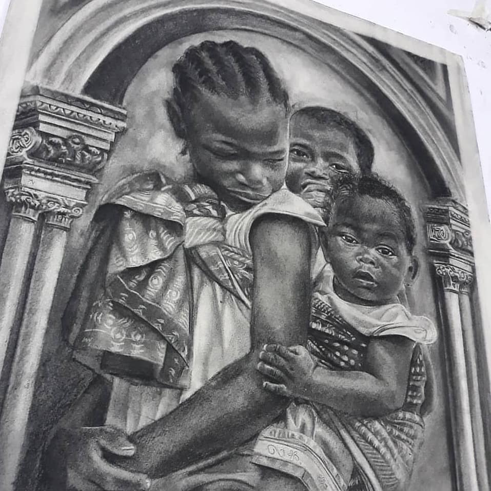 Une fillette porte dans son dos deux enfants par Kareem Waris Olamilekan.