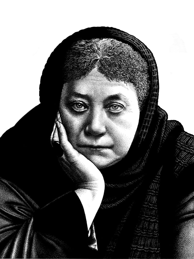 Portrait d'Helena Petrovna Blavatsky se tenant le visage avec la main de face par Nina Bunjevac
