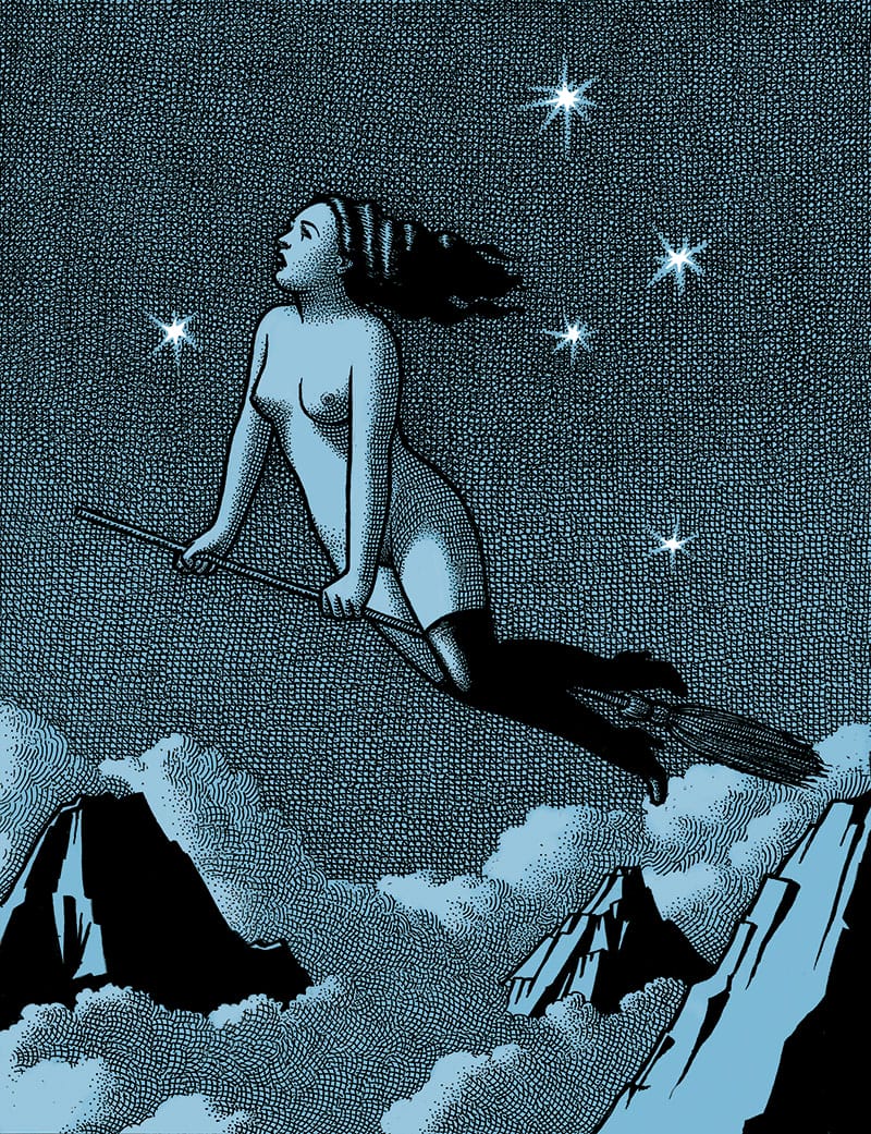 Sorcière nue sur un balai dans le ciel au-dessus de montagne par Nina Bunjevac