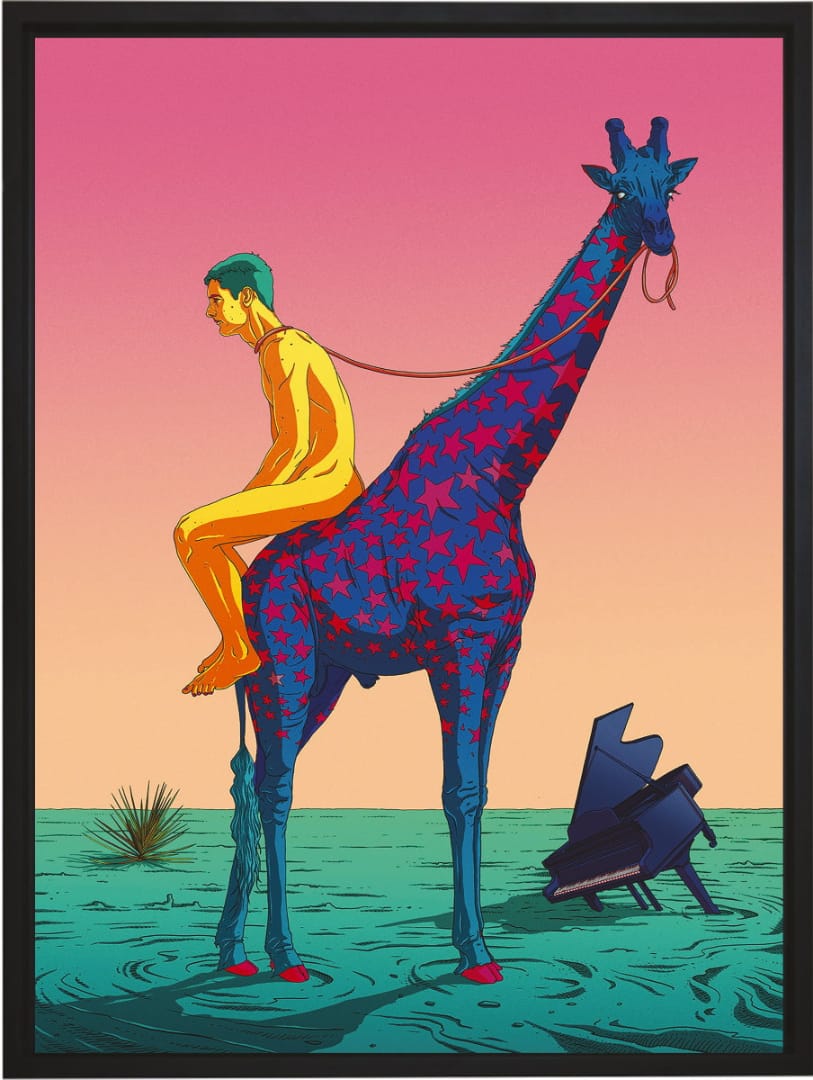 Dessin d'un homme nu sur un girafe qui le tient en laisse. La girafe est debout sur la mer.