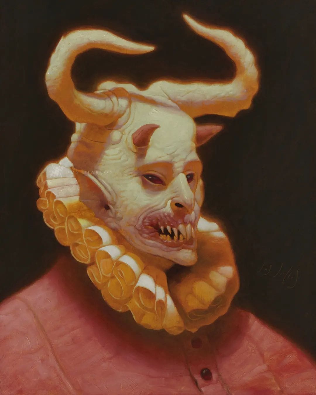 Portrait d'une créature surnaturelle souriante avec des dents pointues et des cornes de diables.
